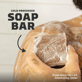 Dr. Squatch Pine Tar bar soap displayed on a bathroom shelf