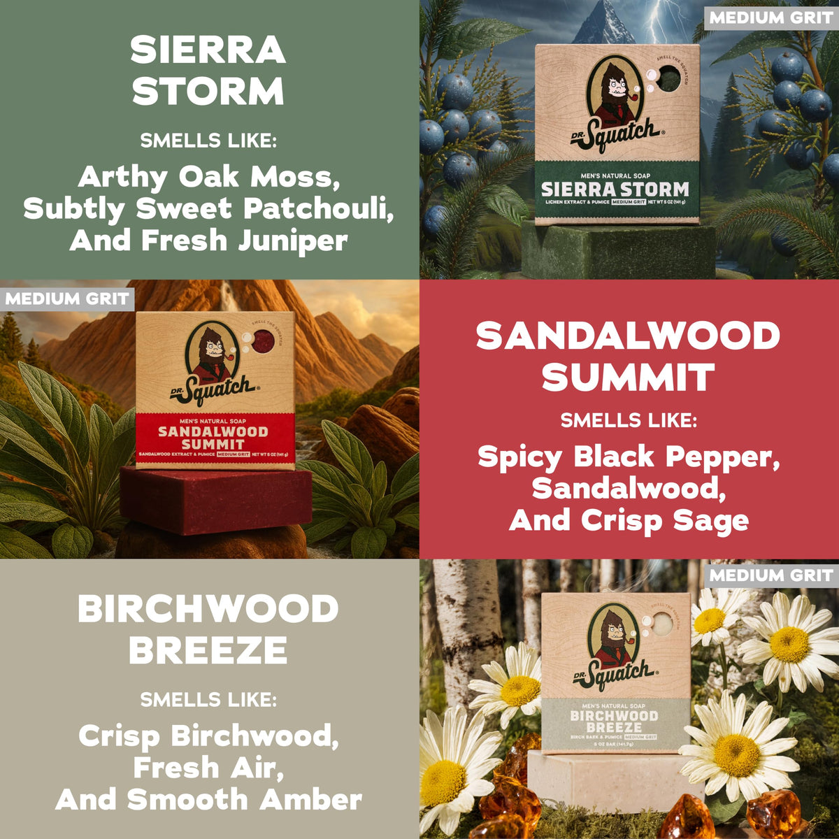 Dr. Squatch Sandalwood Summit bar soap on a wooden surface