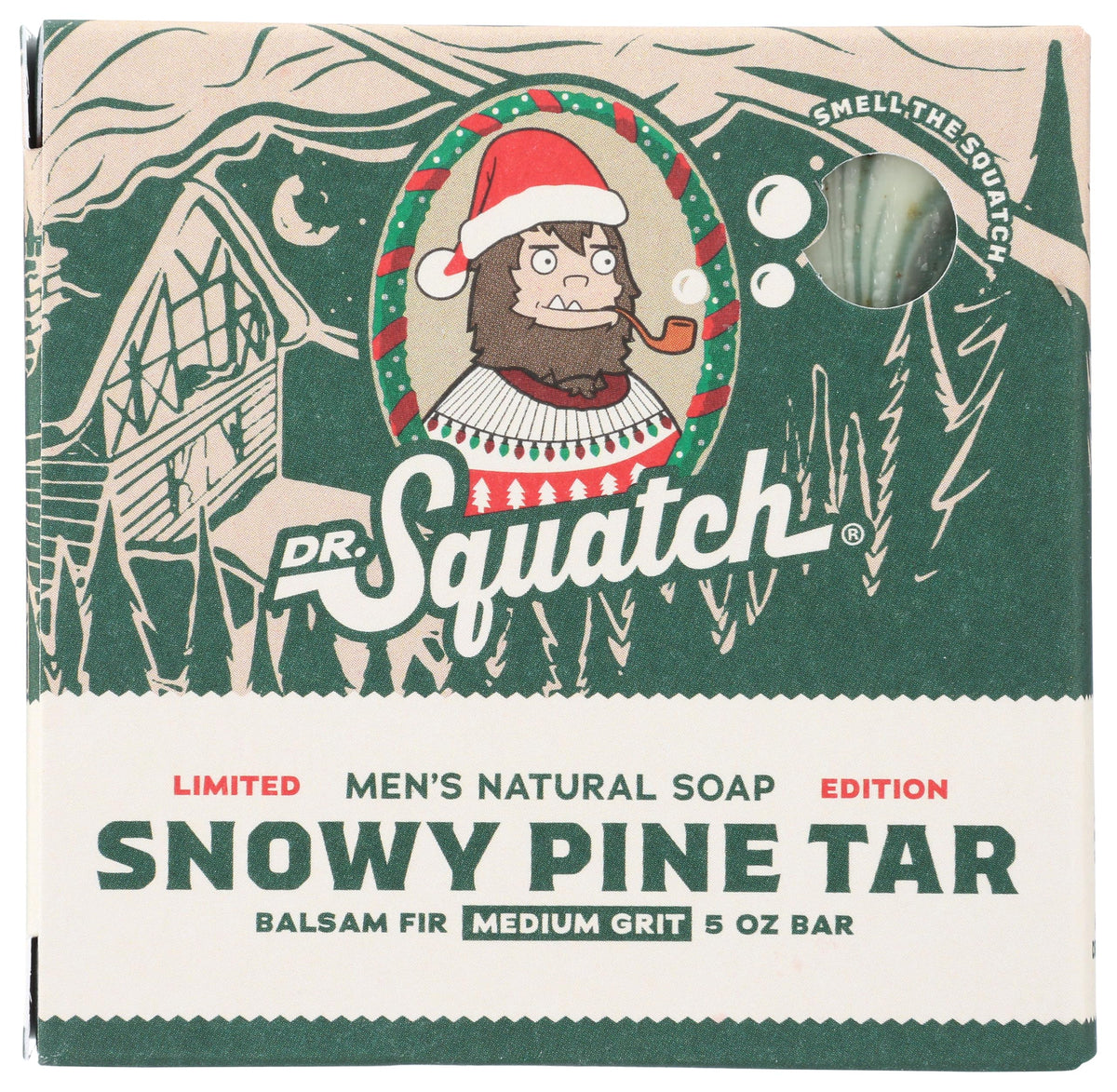 Dr. Squatch Snowy Pine Tar Soap Bar front view, 150g
