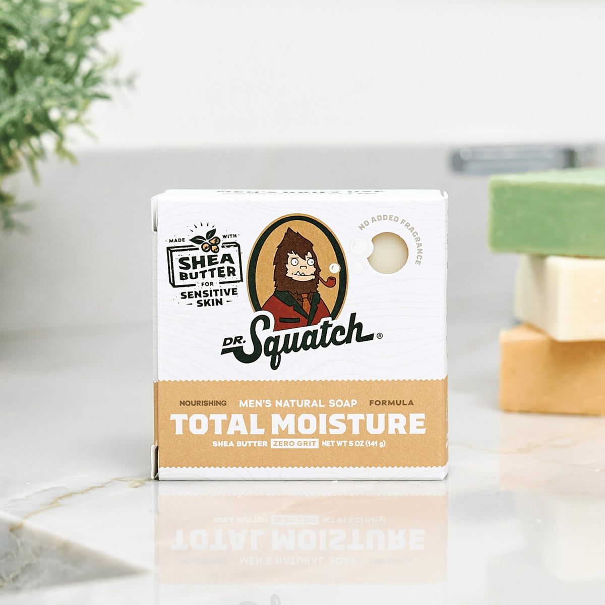 Dr. Squatch Total Moisture Men’s Bar Soap in a bathroom setting