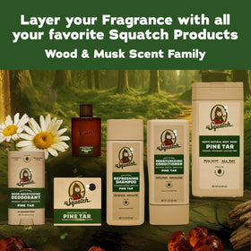 Dr. Squatch Woodland Pine Cologne on a wooden surface