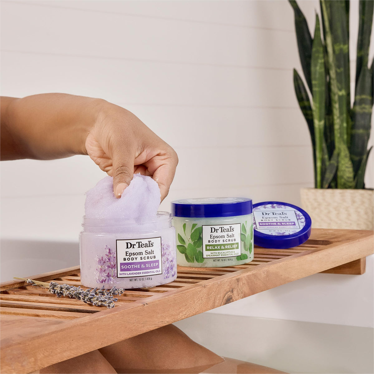 Dr Teal's Epsom Salt Body Scrub with lavender flowers