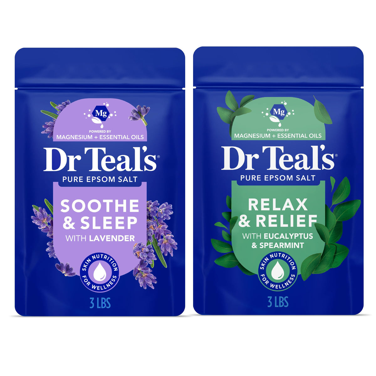 Dr Teal's Epsom Salt Magnesium Soak Duo Bundle front view with lavender and eucalyptus packaging