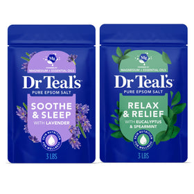 Dr Teal's Epsom Salt Magnesium Soak Duo Bundle front view with lavender and eucalyptus packaging