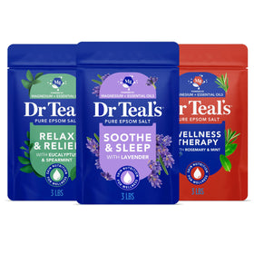 Dr Teal's Epsom Salt Magnesium Soak Trio front view showing three bags