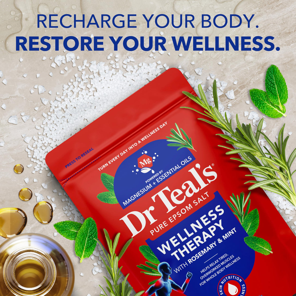 Dr Teal's Epsom Salt Magnesium Soak Trio on a bathroom shelf
