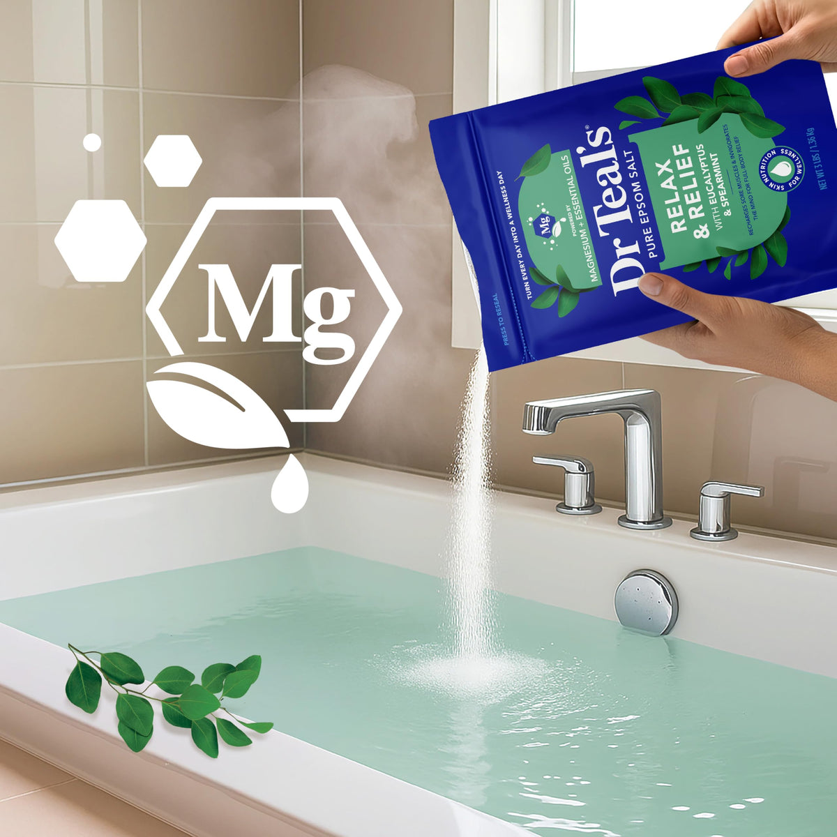 Dr Teal's Epsom Salt with eucalyptus leaves