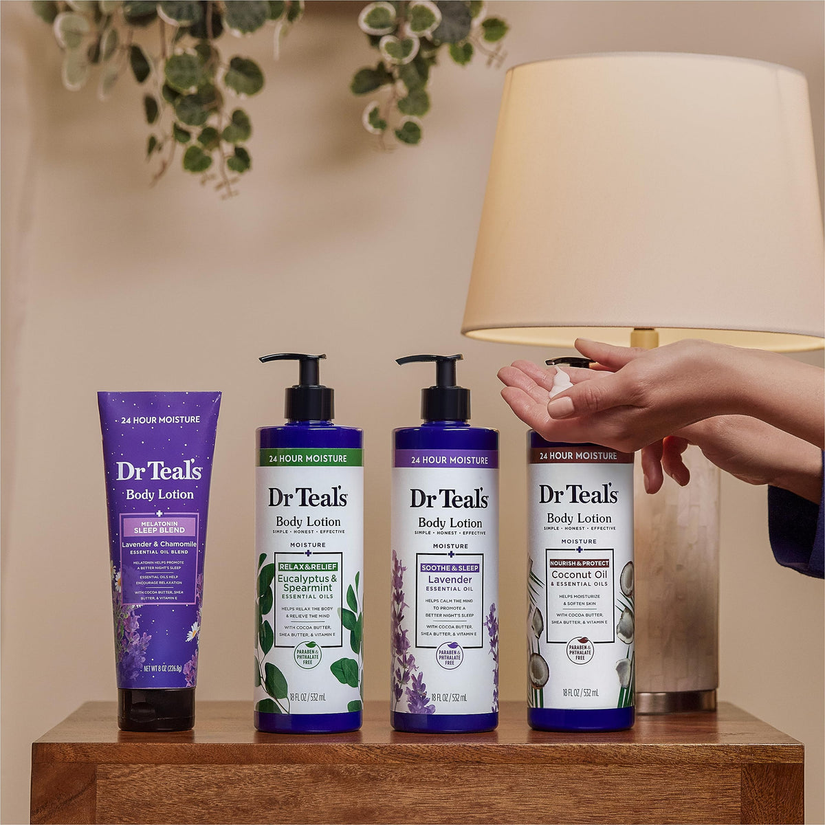Dr Teal's Eucalyptus & Spearmint Body Lotion packaging with essential oils