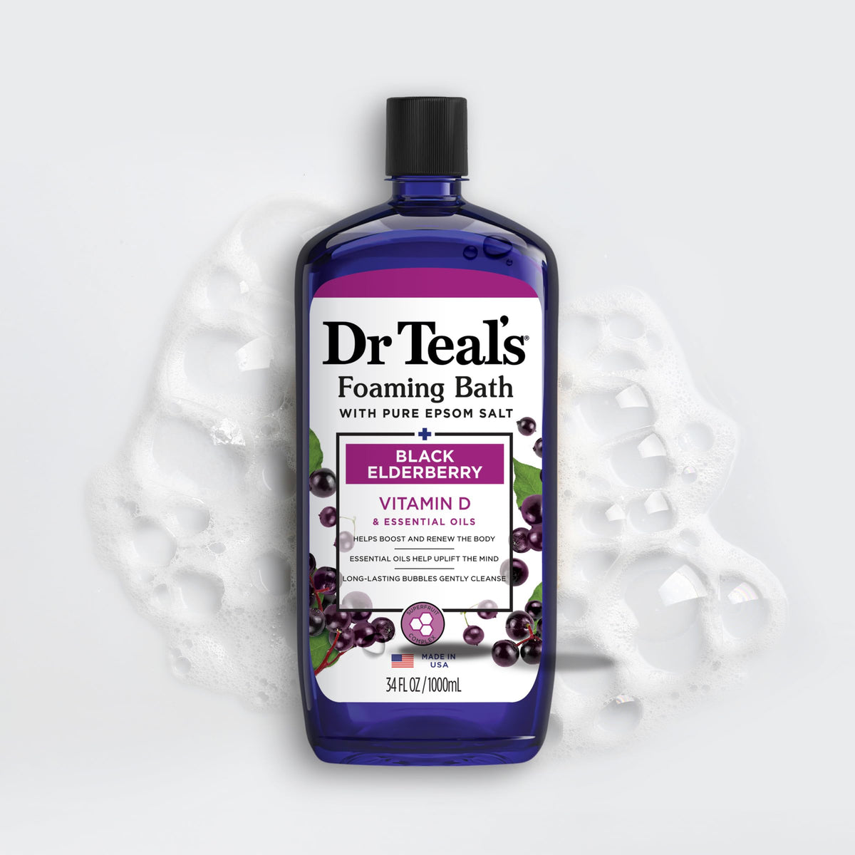 Dr Teal's Foaming Bath Black Elderberry close-up of bottle