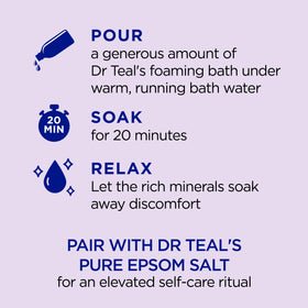 Dr Teal's Foaming Bath bottle with bubbles in a bathtub