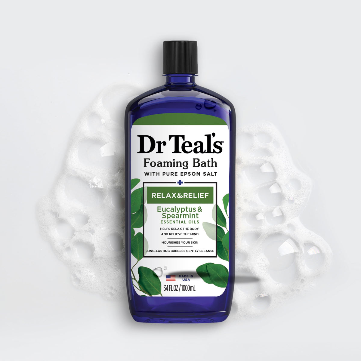 Dr Teal's Foaming Bath Eucalyptus & Spearmint in a relaxing bath setting