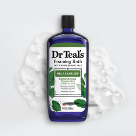 Dr Teal's Foaming Bath Eucalyptus & Spearmint in a relaxing bath setting