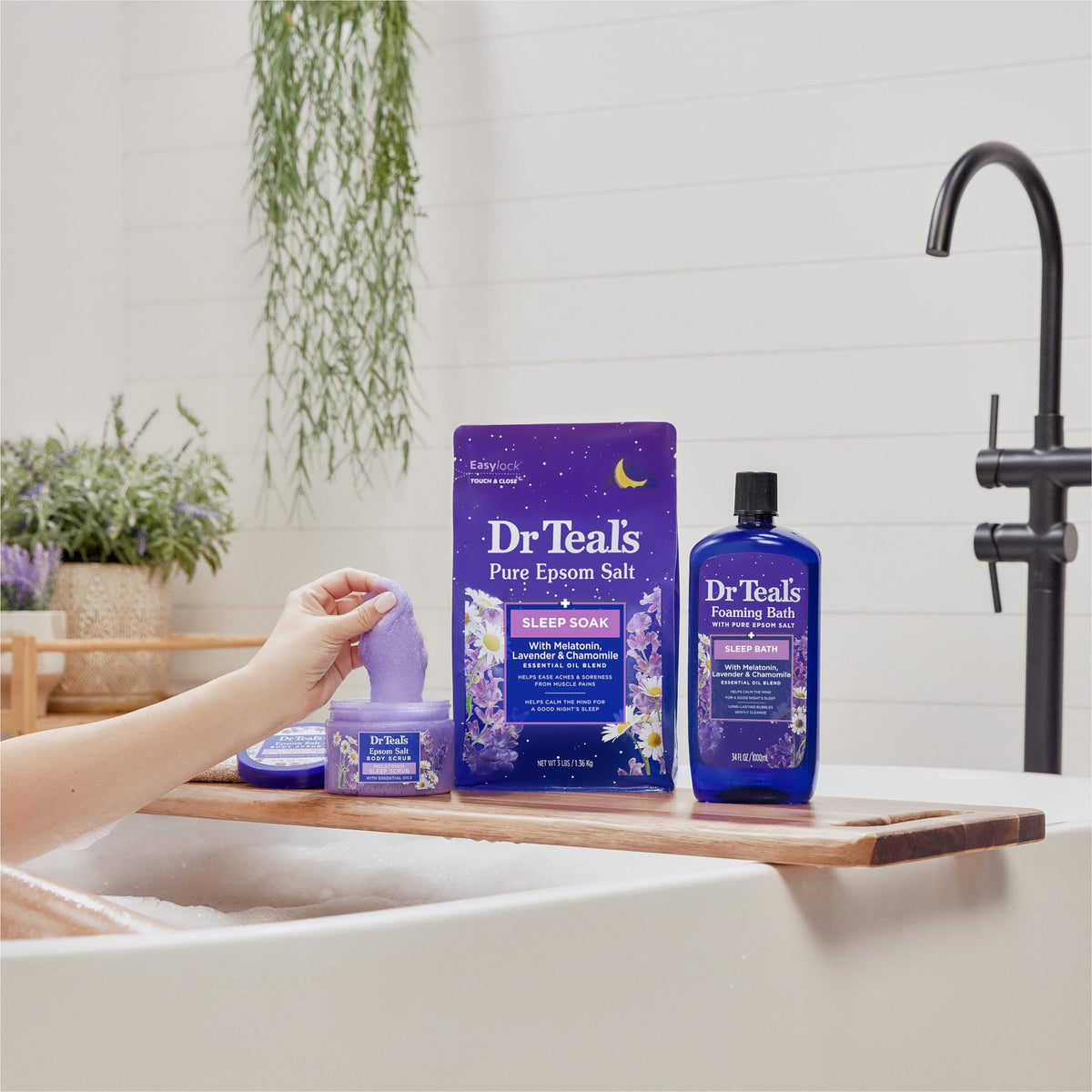 Dr Teal's Foaming Bath pouring into a warm bath