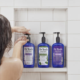 Dr Teal's Lavender Body Wash being poured into a hand