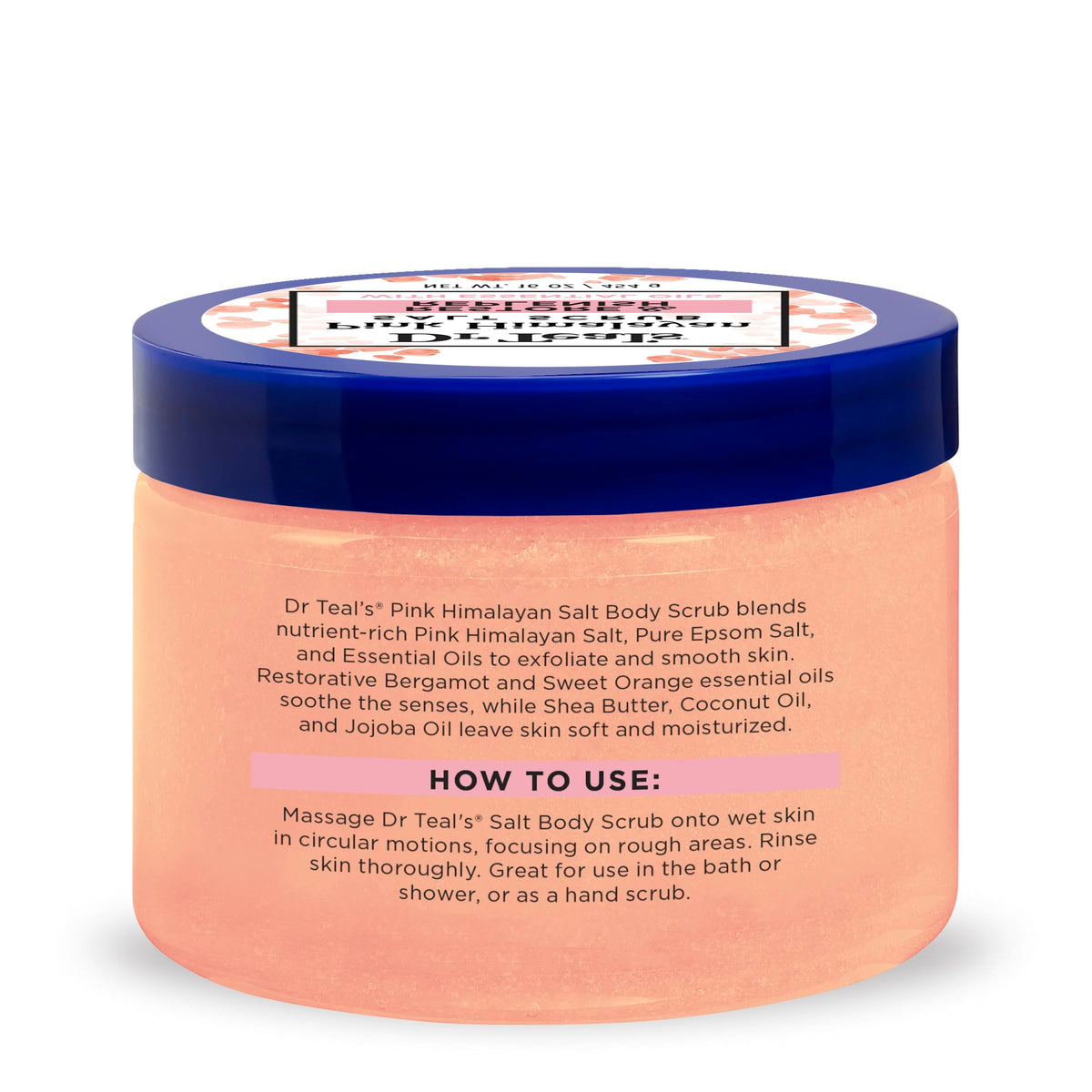 Dr Teal's Pink Himalayan Salt Body Scrub on a bathroom counter