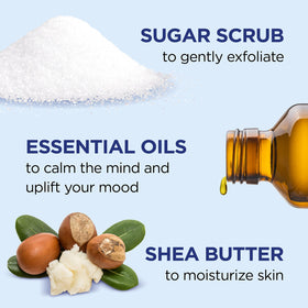 Dr Teal's Shea Butter Sugar Scrub jar on a bathroom counter