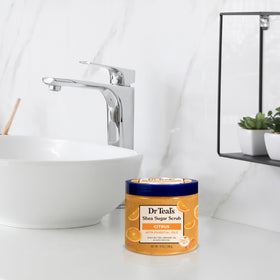 Dr Teal's Shea Sugar Body Scrub Citrus in a bathroom setting
