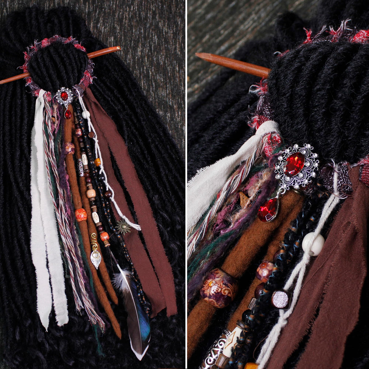 Dreadlock hair tie displayed on a wooden surface