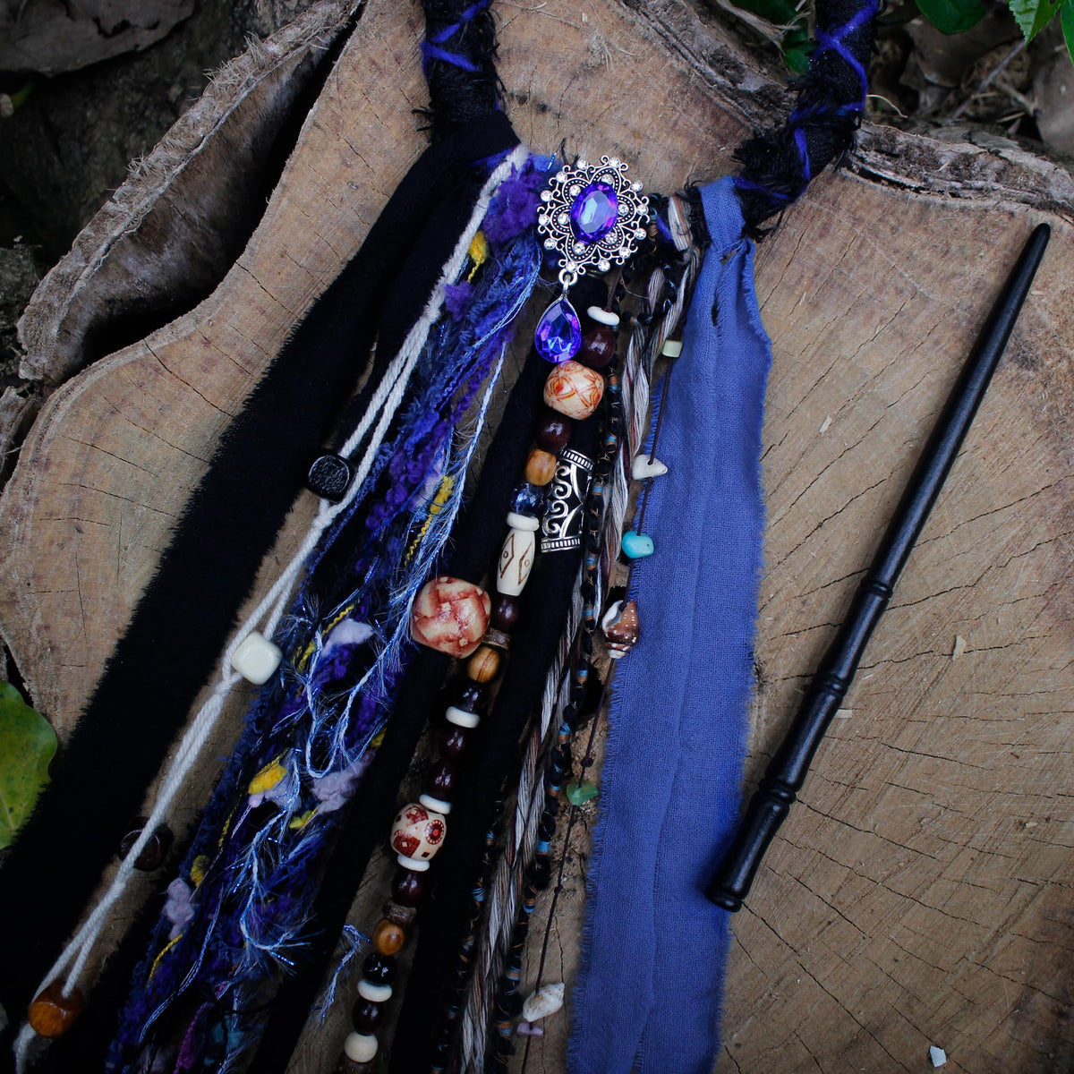 Dreadlock hair tie with wooden hairpin and decorative elements