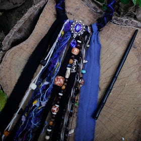 Dreadlock hair tie with wooden hairpin and decorative elements