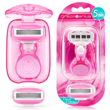 DreamGenius Travel Razor for Women in pink with handle and cartridges