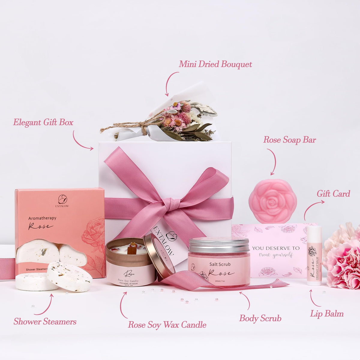 Dried flower bouquet included in EXTALOW Rose Spa Gift Set