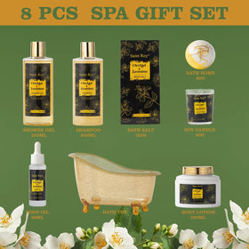Dried Flower's Bath Bomb and Jojoba Body Oil displayed in the gift basket