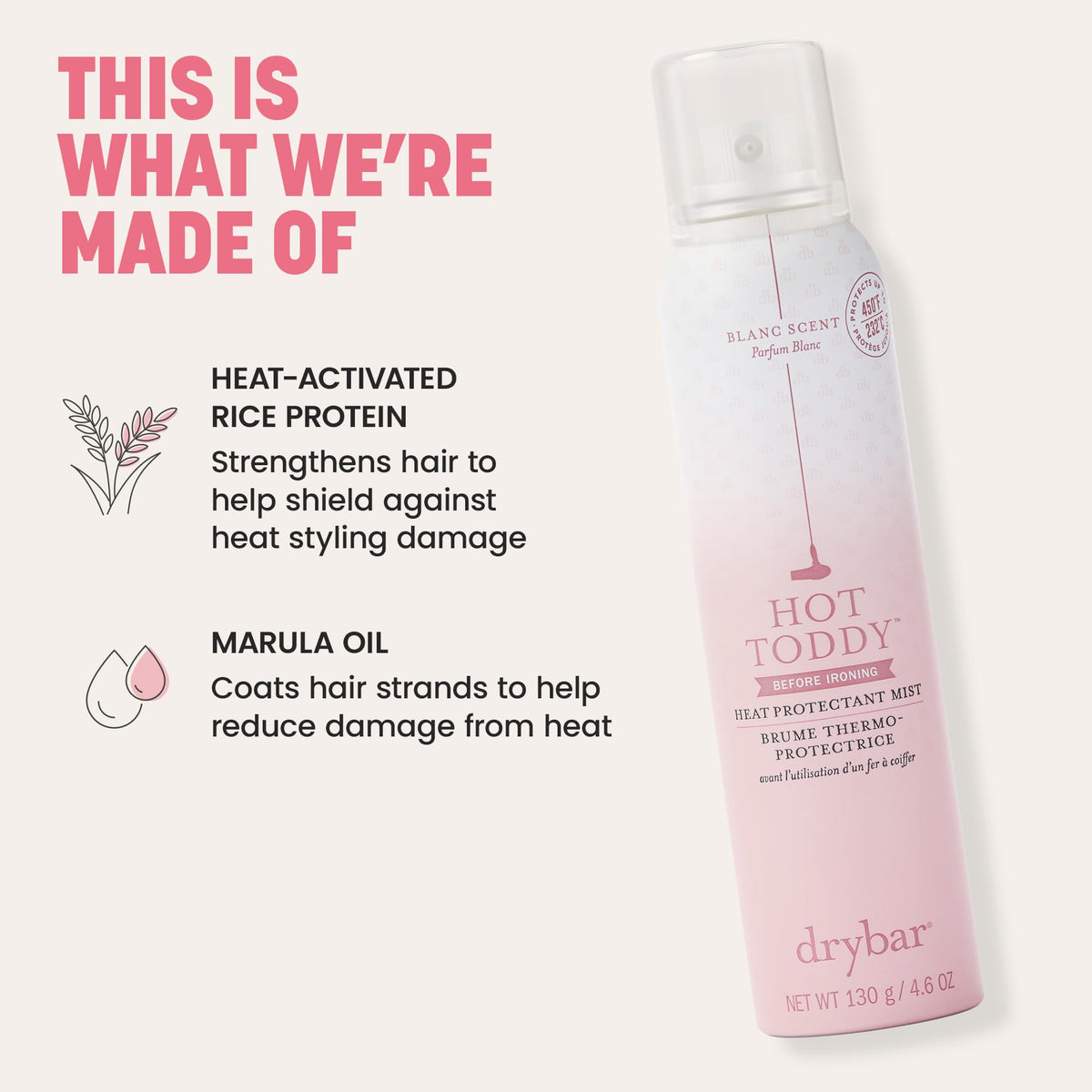 Drybar Hot Toddy Heat Protectant Mist side view showing nozzle