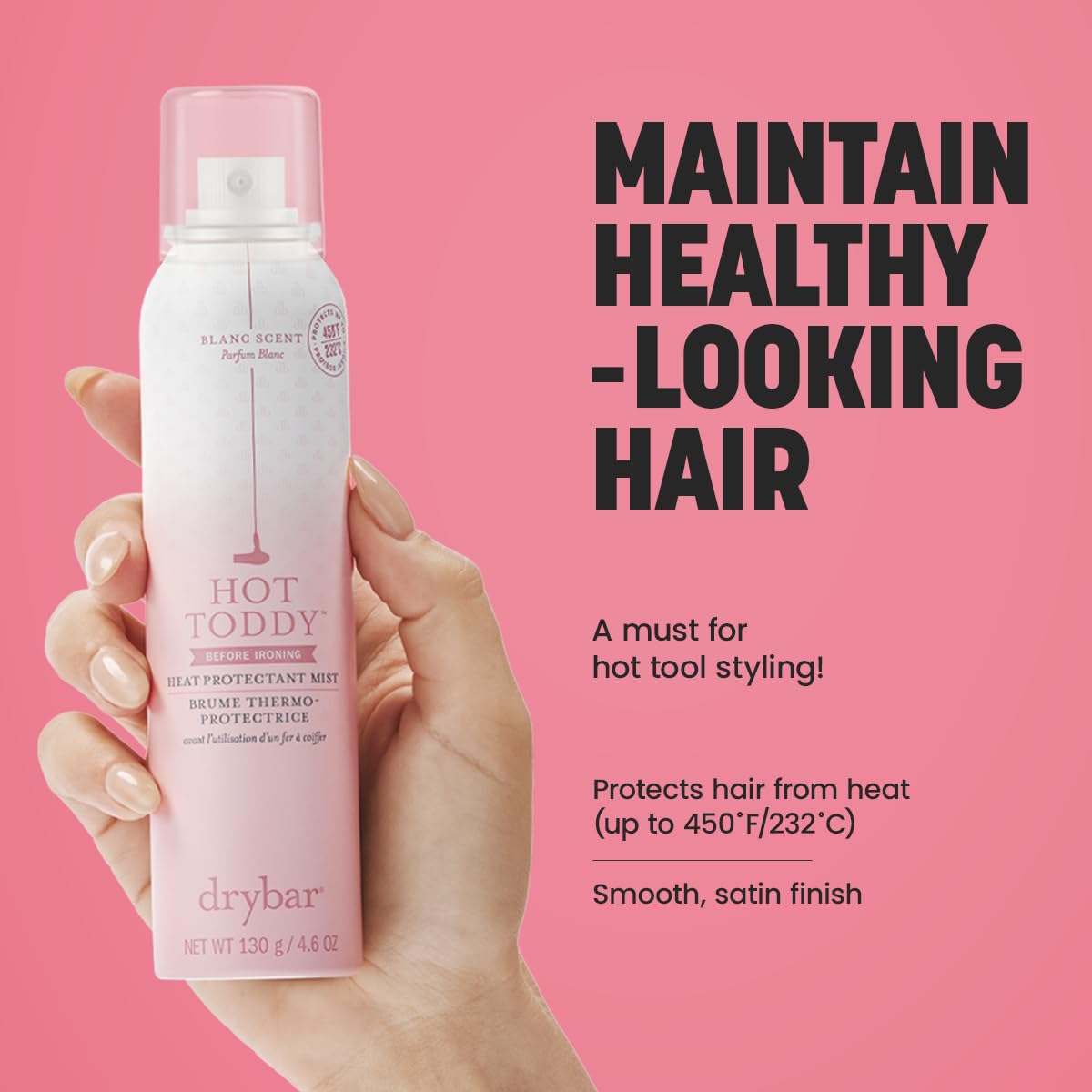 Drybar Hot Toddy Heat Protectant Mist with tropical coconut background