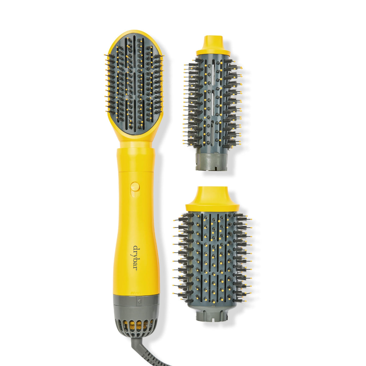 Drybar Triple Shot Blow-Dryer Brush front view with attachments