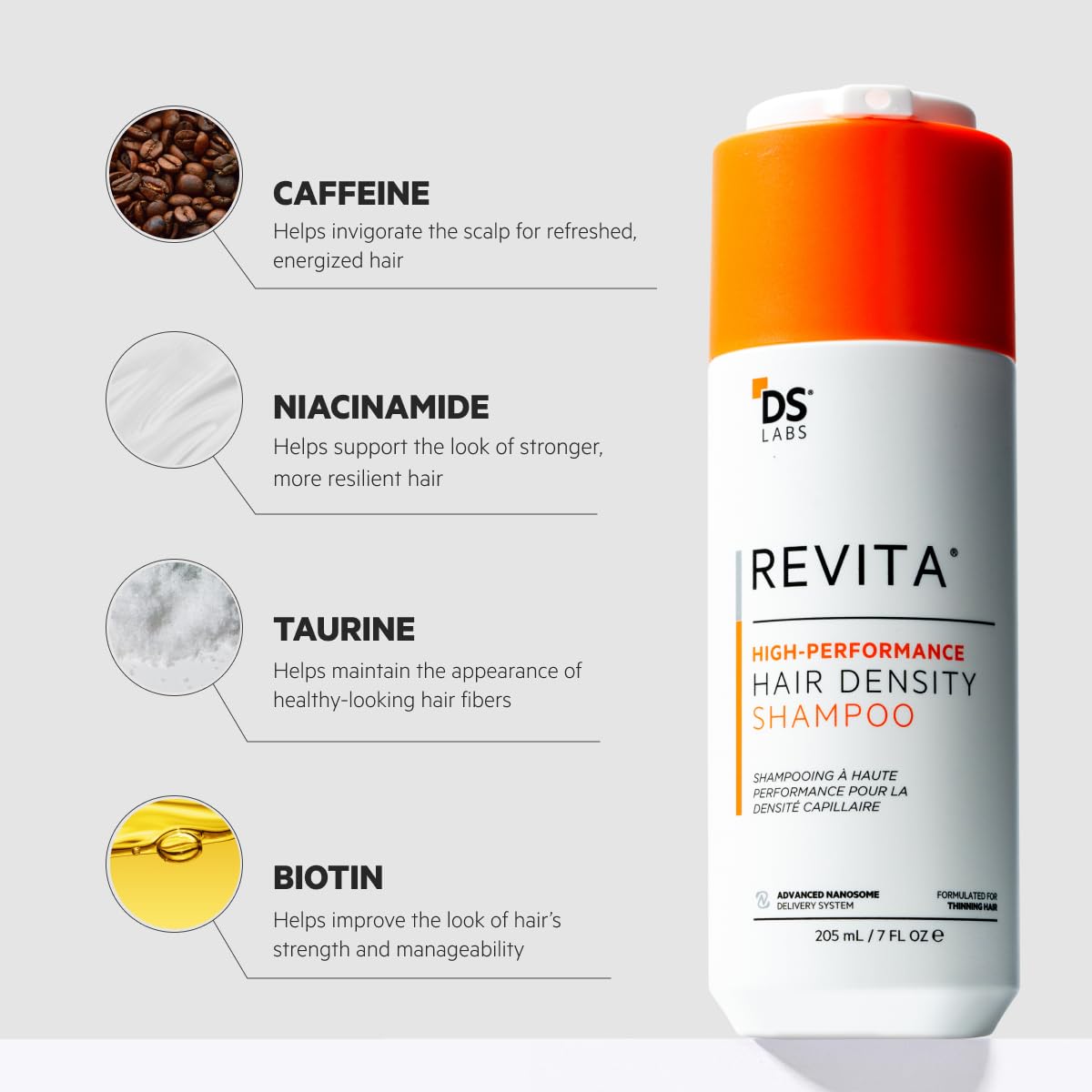 ds labs Revita Hair Density Shampoo 205 mL in a bathroom setting