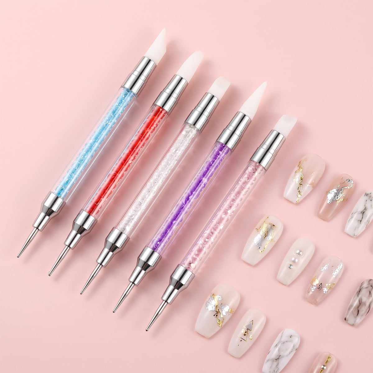 Dual end silicone nail dotting sculpture pen with various tips