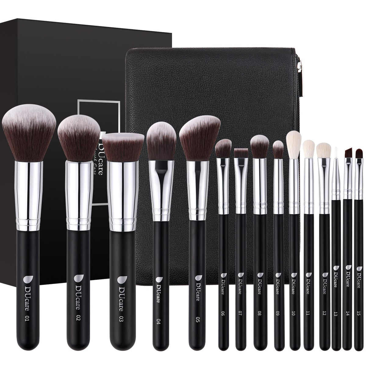 DUcare 15Pcs Makeup Brush Set with travel bag front view