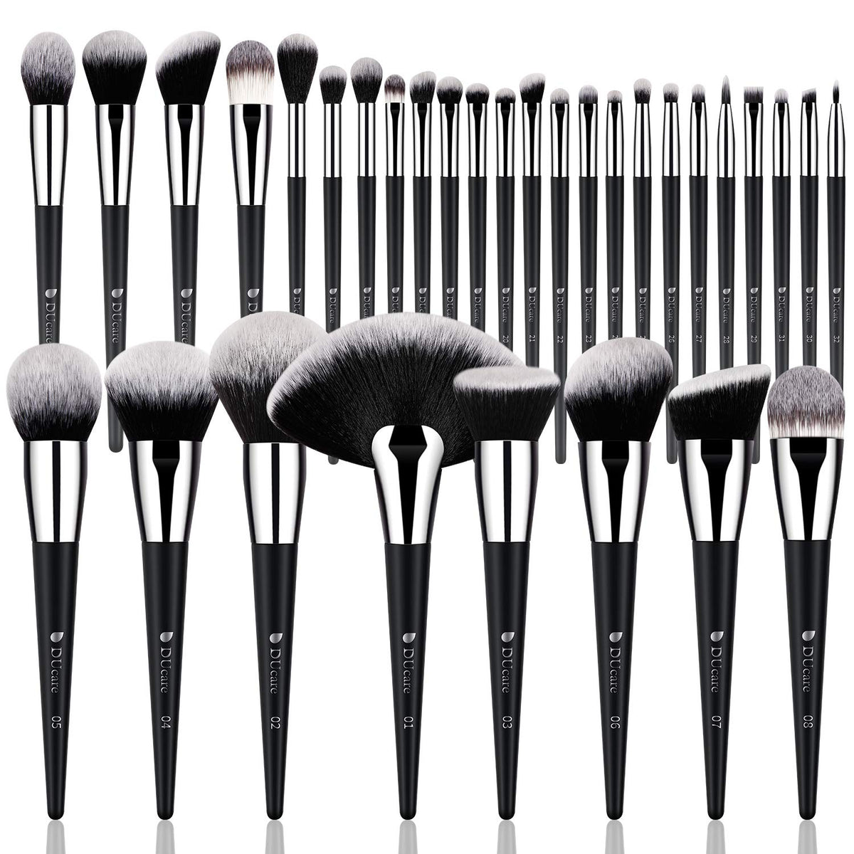 DUcare 32Pcs Makeup Brush Set front view with black and white design