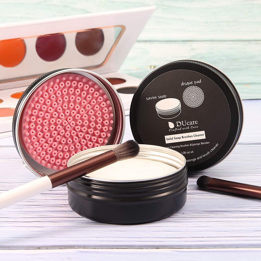 DUcare Makeup Brush Cleaner Solid Coconut Soap close-up with brush