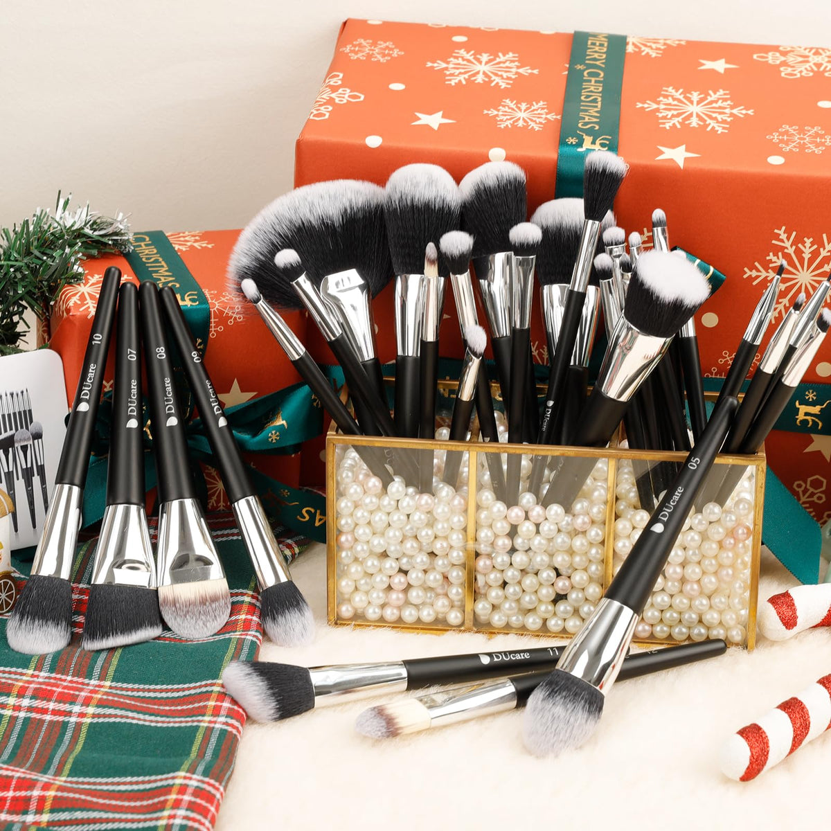 DUcare makeup brush set on a vanity table