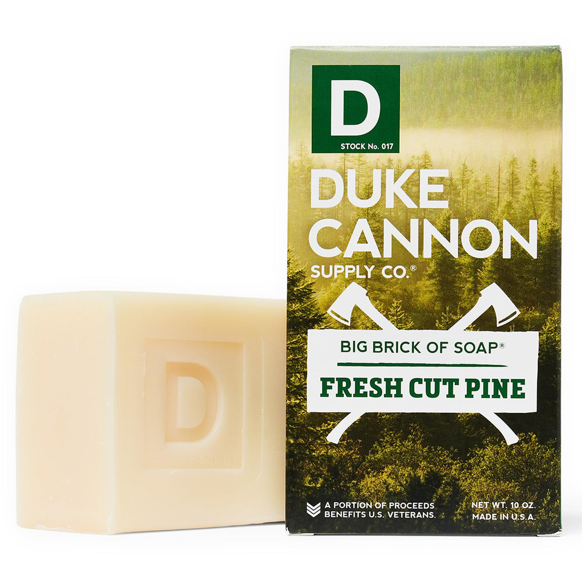 Duke Cannon Big Brick of Soap Fresh Cut Pine with a rustic background