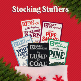 Duke Cannon Big Brick of Soap Holiday Edition with festive decorations