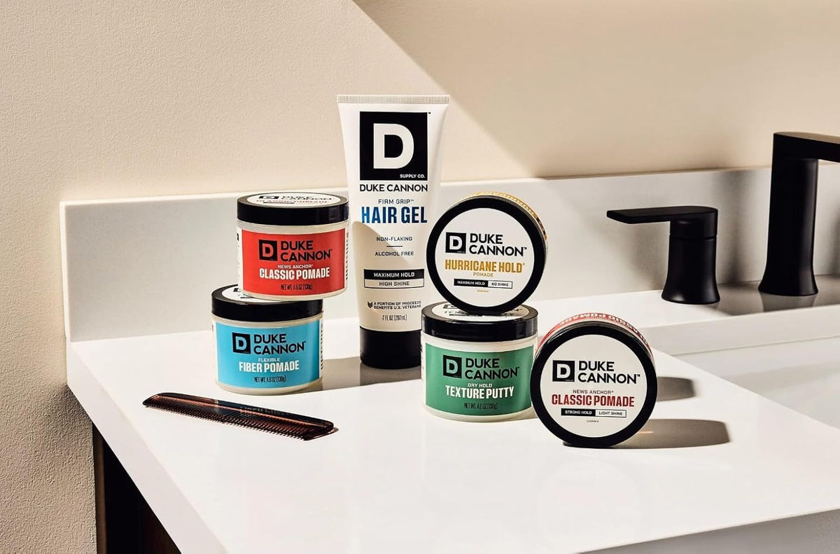 Duke Cannon Dry Hold Texture Putty 2 oz on a grooming table