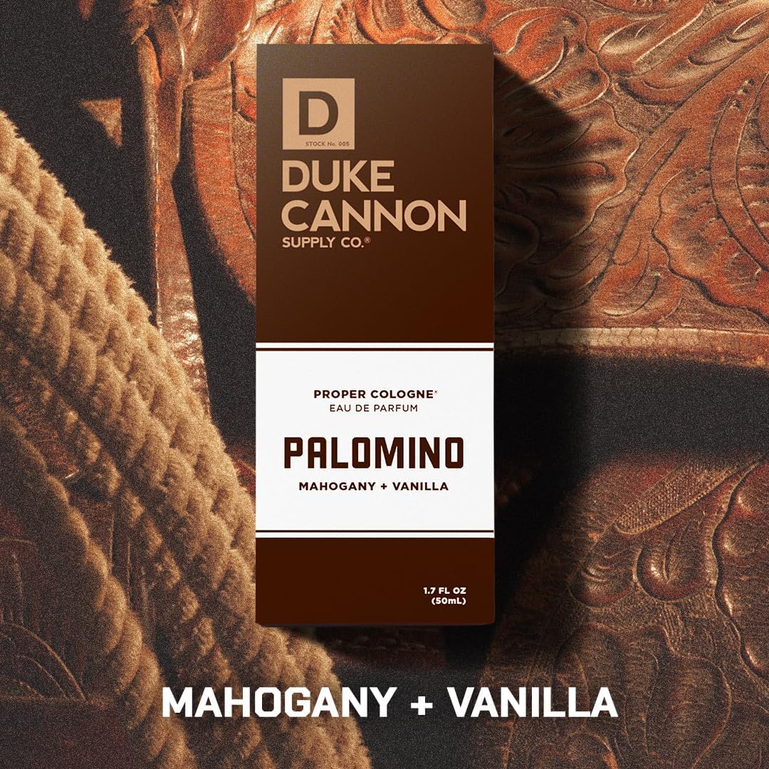 Duke Cannon Palomino fragrance bottle on a wooden surface