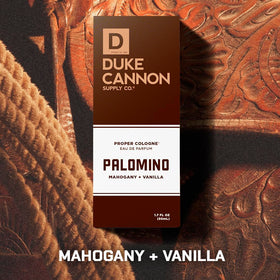 Duke Cannon Palomino fragrance bottle on a wooden surface