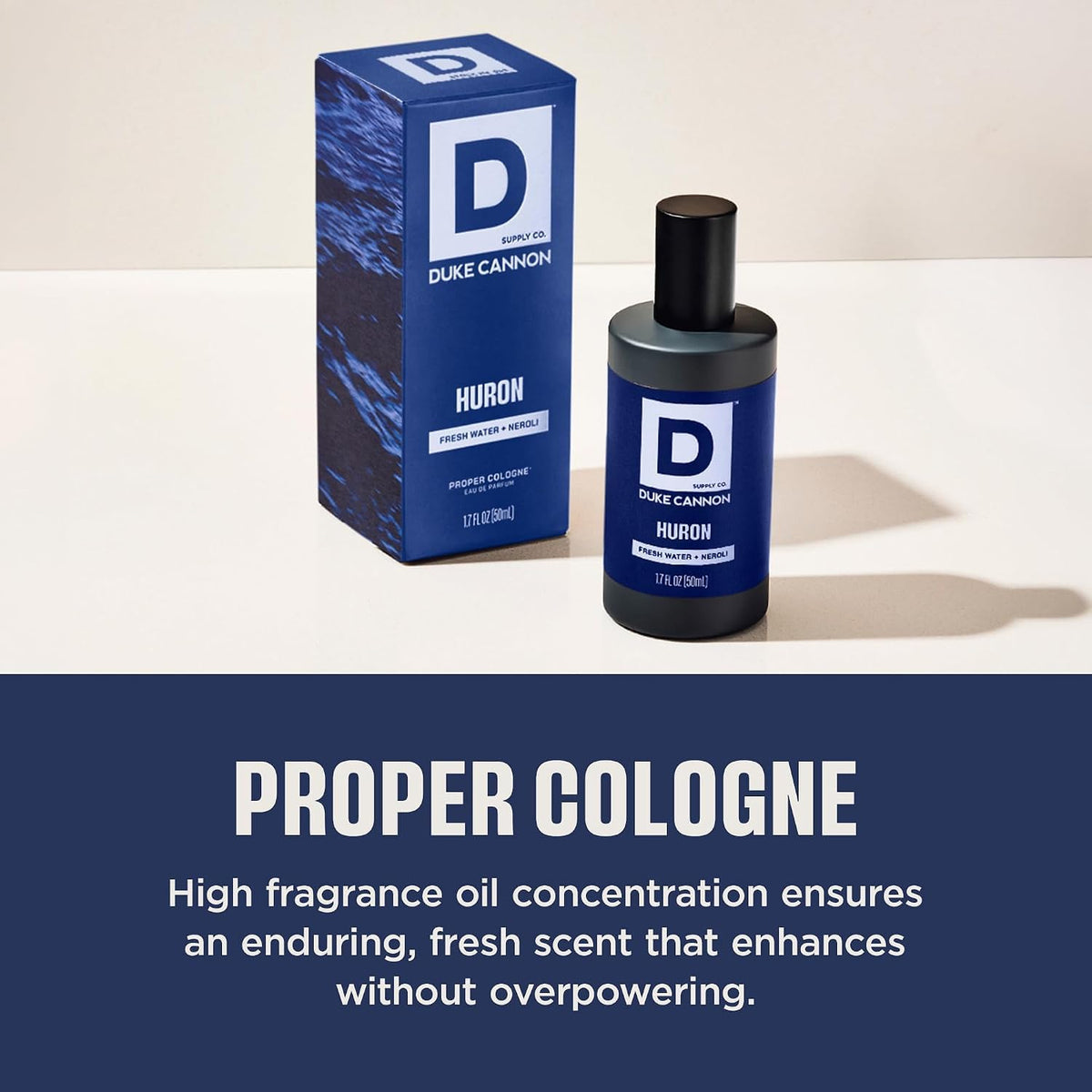 Duke Cannon Proper Cologne Huron bottle against a neutral background