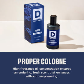 Duke Cannon Proper Cologne Huron bottle against a neutral background