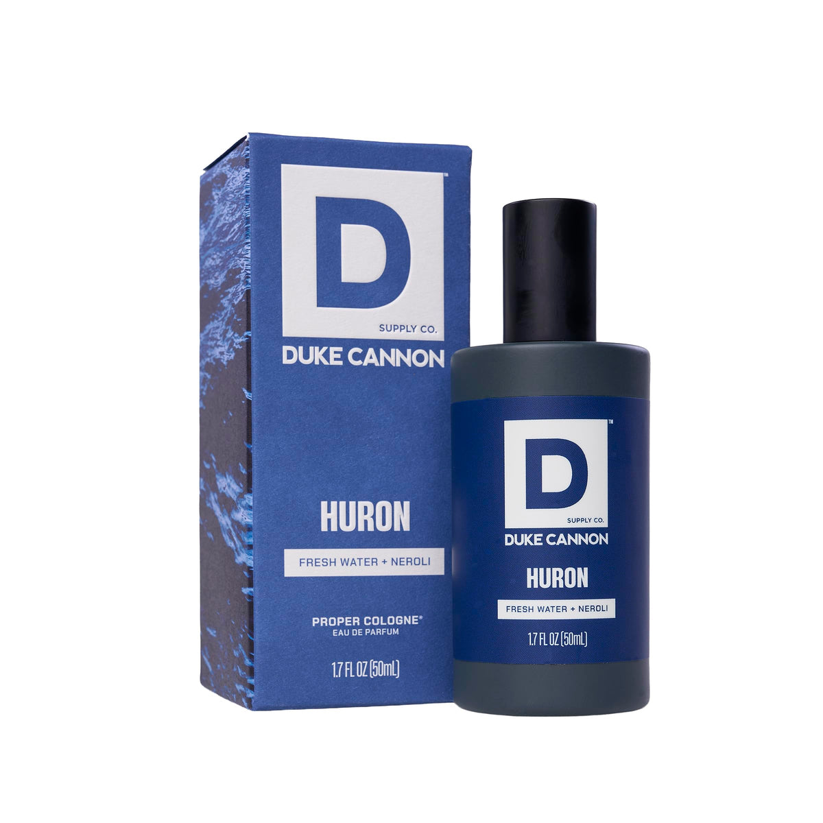 Duke Cannon Proper Cologne Huron front view in sleek glass bottle