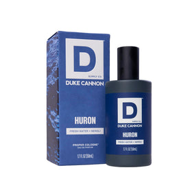 Duke Cannon Proper Cologne Huron front view in sleek glass bottle