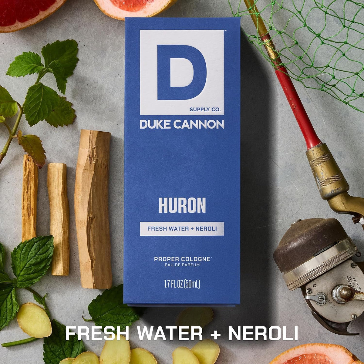Duke Cannon Proper Cologne Huron with packaging and product details