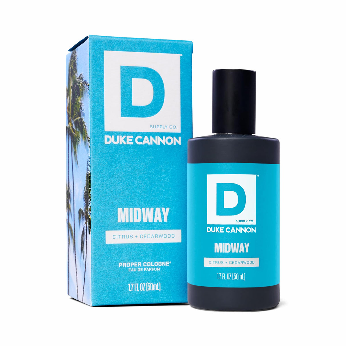 Duke Cannon Proper Cologne Midway front view with sleek glass bottle