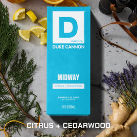Duke Cannon Proper Cologne Midway showcasing citrus and cedarwood scents