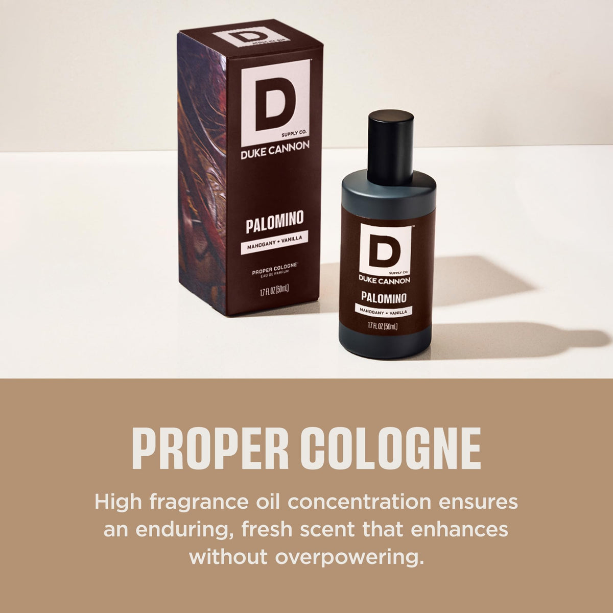 Duke Cannon Proper Cologne Palomino on a wooden table