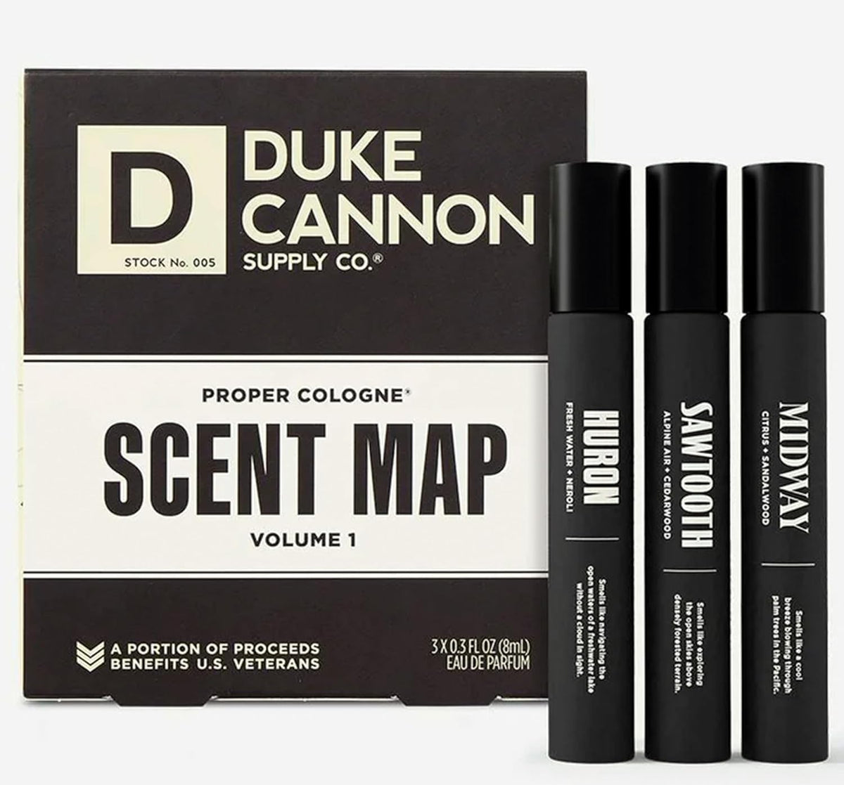 Duke Cannon Proper Cologne Sampler front view with three bottles